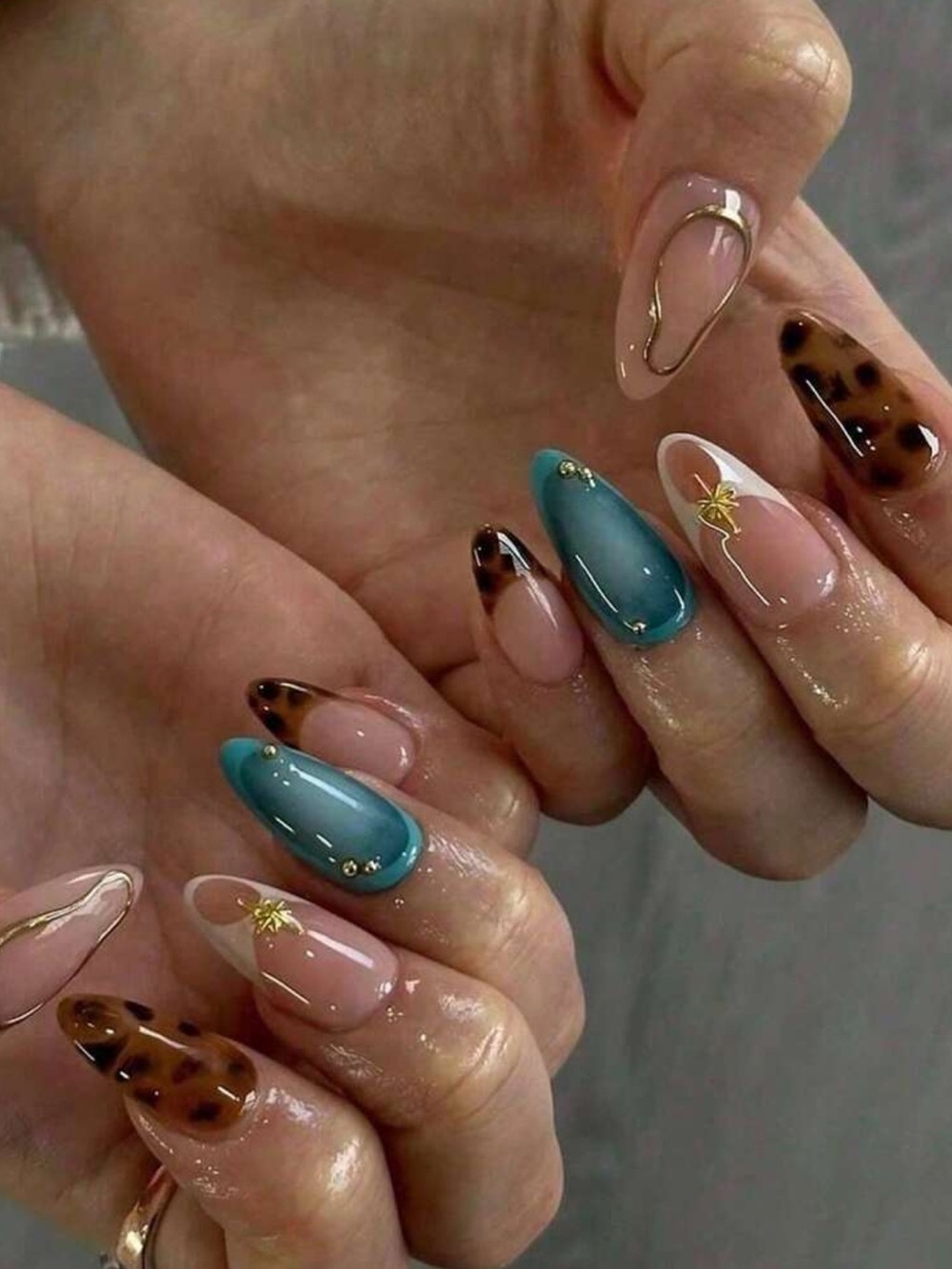 Nude, Teal & Leopard Almond Shaped Press On Nails